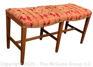 Mahogany Double Saddle Bench in Red Chinoiserie Upholstery by Jules Rist.  39"W x 15"D x 20"H