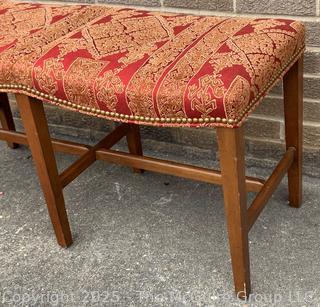 Mahogany Double Saddle Bench in Red Chinoiserie Upholstery by Jules Rist.  39"W x 15"D x 20"H