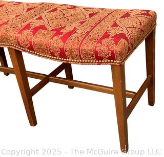 Mahogany Double Saddle Bench in Red Chinoiserie Upholstery by Jules Rist.  39"W x 15"D x 20"H