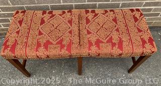 Mahogany Double Saddle Bench in Red Chinoiserie Upholstery by Jules Rist.  39"W x 15"D x 20"H