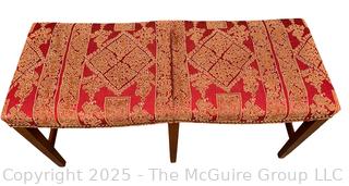Mahogany Double Saddle Bench in Red Chinoiserie Upholstery by Jules Rist.  39"W x 15"D x 20"H