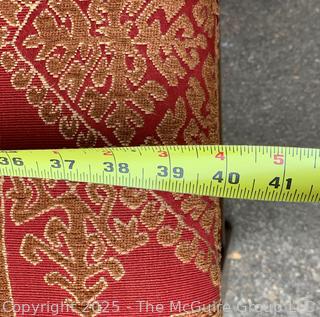 Mahogany Double Saddle Bench in Red Chinoiserie Upholstery by Jules Rist.  39"W x 15"D x 20"H