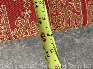 Mahogany Double Saddle Bench in Red Chinoiserie Upholstery by Jules Rist.  39"W x 15"D x 20"H