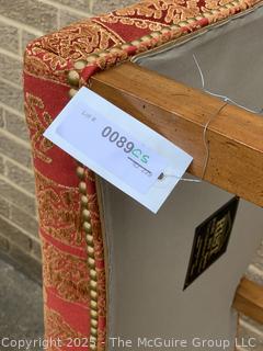 Mahogany Double Saddle Bench in Red Chinoiserie Upholstery by Jules Rist.  39"W x 15"D x 20"H