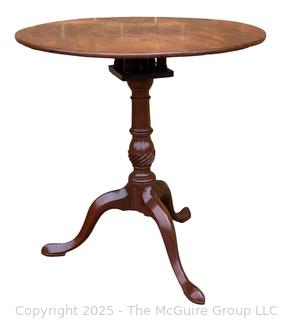 English Queen Anne Tilt Top Mahogany Tea Table on Cabriole Pedestal Base circa 1800   Measures 28"H x 35"W x 28"D
