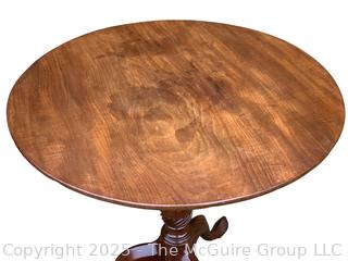 English Queen Anne Tilt Top Mahogany Tea Table on Cabriole Pedestal Base circa 1800   Measures 28"H x 35"W x 28"D