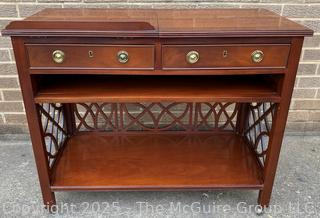 Baker Mahogany Chippendale Style Fretwork Telephone Console Table with Tilt Top.  35"W x 17"D x 29"T