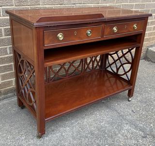 Baker Mahogany Chippendale Style Fretwork Telephone Console Table with Tilt Top.  35"W x 17"D x 29"T