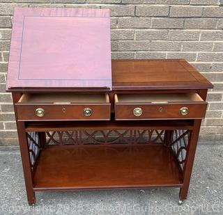 Baker Mahogany Chippendale Style Fretwork Telephone Console Table with Tilt Top.  35"W x 17"D x 29"T
