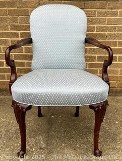 Mahogany Queen Anne Style Upholstered Sheppard Hook Arm Chair by Southwood Furniture Co., Hickory, NC