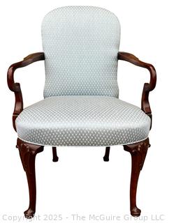 Mahogany Queen Anne Style Upholstered Sheppard Hook Arm Chair by Southwood Furniture Co., Hickory, NC