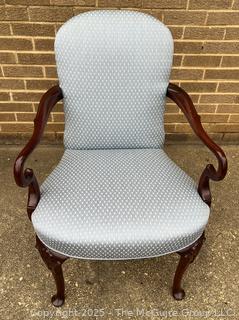 Mahogany Queen Anne Style Upholstered Sheppard Hook Arm Chair by Southwood Furniture Co., Hickory, NC