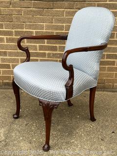 Mahogany Queen Anne Style Upholstered Sheppard Hook Arm Chair by Southwood Furniture Co., Hickory, NC