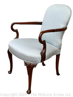 Mahogany Queen Anne Style Upholstered Sheppard Hook Arm Chair by Southwood Furniture Co., Hickory, NC