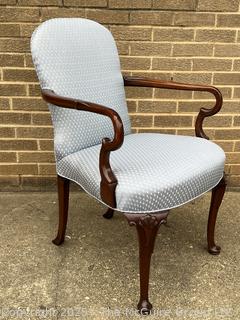 Mahogany Queen Anne Style Upholstered Sheppard Hook Arm Chair by Southwood Furniture Co., Hickory, NC