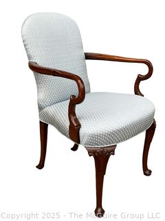 Mahogany Queen Anne Style Upholstered Sheppard Hook Arm Chair by Southwood Furniture Co., Hickory, NC
