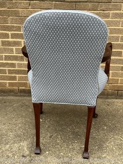 Mahogany Queen Anne Style Upholstered Sheppard Hook Arm Chair by Southwood Furniture Co., Hickory, NC