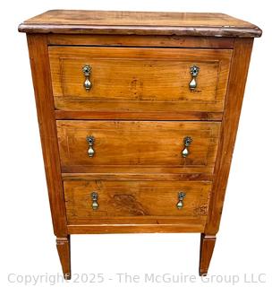 Three (3) Drawer Louis XI Style Inlaid Scrolled Design Continental Fruitwood Commode.  33"H x 22"W x 14"D