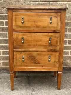 Three (3) Drawer Louis XI Style Inlaid Scrolled Design Continental Fruitwood Commode.  33"H x 22"W x 14"D