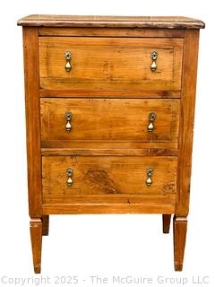 Three (3) Drawer Louis XI Style Inlaid Scrolled Design Continental Fruitwood Commode.  33"H x 22"W x 14"D