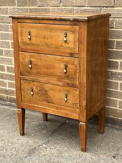 Three (3) Drawer Louis XI Style Inlaid Scrolled Design Continental Fruitwood Commode.  33"H x 22"W x 14"D
