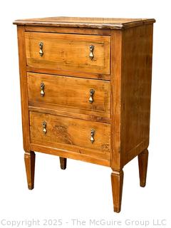 Three (3) Drawer Louis XI Style Inlaid Scrolled Design Continental Fruitwood Commode.  33"H x 22"W x 14"D