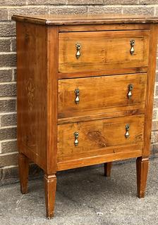 Three (3) Drawer Louis XI Style Inlaid Scrolled Design Continental Fruitwood Commode.  33"H x 22"W x 14"D