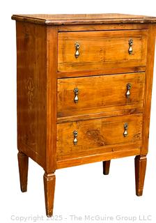 Three (3) Drawer Louis XI Style Inlaid Scrolled Design Continental Fruitwood Commode.  33"H x 22"W x 14"D