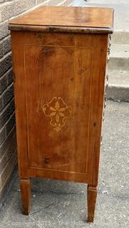 Three (3) Drawer Louis XI Style Inlaid Scrolled Design Continental Fruitwood Commode.  33"H x 22"W x 14"D