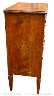 Three (3) Drawer Louis XI Style Inlaid Scrolled Design Continental Fruitwood Commode.  33"H x 22"W x 14"D