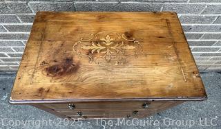 Three (3) Drawer Louis XI Style Inlaid Scrolled Design Continental Fruitwood Commode.  33"H x 22"W x 14"D