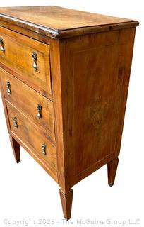Three (3) Drawer Louis XI Style Inlaid Scrolled Design Continental Fruitwood Commode.  33"H x 22"W x 14"D