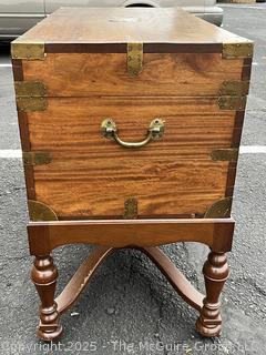 Chinese Camphor Wood Campaign Chest with Hinged Lid and Brass Mounts On Stretcher Base, Circa 1840.  30"H x 35"W x 18"D
