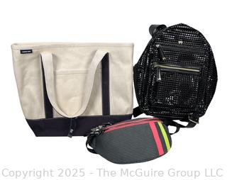 Three (3) Bags Including Fanny Pack, Back Pack and Canvas Totes, Some New with Tags