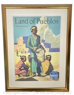 Framed Under Glass Land Of Pueblos Mexico Santa Fe Train Travel Poster. 23" x 29"