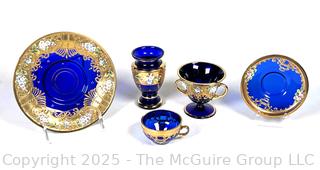 Egermann Bohemian Czech Gilt & Cobalt Blue Glass Vase, Plate, Tea Cup and Saucer