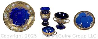 Egermann Bohemian Czech Gilt & Cobalt Blue Glass Vase, Plate, Tea Cup and Saucer