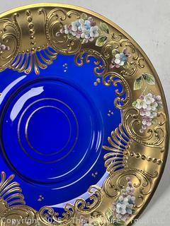Egermann Bohemian Czech Gilt & Cobalt Blue Glass Vase, Plate, Tea Cup and Saucer
