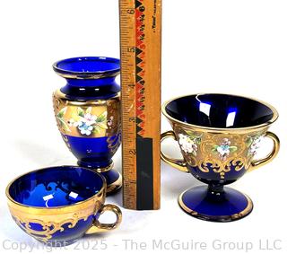 Egermann Bohemian Czech Gilt & Cobalt Blue Glass Vase, Plate, Tea Cup and Saucer