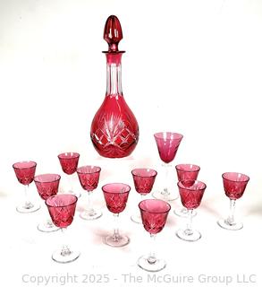 Bohemian Cranberry Red Cut to Clear Crystal Decanter & Glasses 