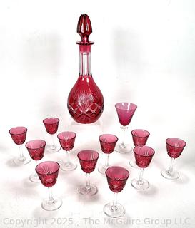 Bohemian Cranberry Red Cut to Clear Crystal Decanter & Glasses 