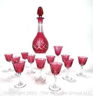Bohemian Cranberry Red Cut to Clear Crystal Decanter & Glasses 