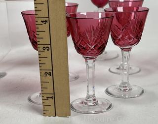 Bohemian Cranberry Red Cut to Clear Crystal Decanter & Glasses 