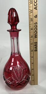 Bohemian Cranberry Red Cut to Clear Crystal Decanter & Glasses 