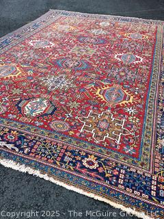 Wool Hand Knotted Persian Gharajeh Rug on Red Ground.  10.8' x 8.1' (WAS 1402CS) 