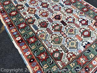 Geometric Hand Knotted Turkish Anatolian Rug on Green Ground.  3"6" x 5'10" (WAS 1401CS)