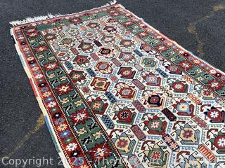 Geometric Hand Knotted Turkish Anatolian Rug on Green Ground.  3"6" x 5'10" (WAS 1401CS)