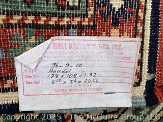 Geometric Hand Knotted Turkish Anatolian Rug on Green Ground.  3"6" x 5'10" (WAS 1401CS)