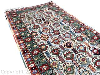 Geometric Hand Knotted Turkish Anatolian Rug on Green Ground.  3"6" x 5'10" (WAS 1401CS)