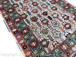 Geometric Hand Knotted Turkish Anatolian Rug on Green Ground.  3"6" x 5'10" (WAS 1401CS)